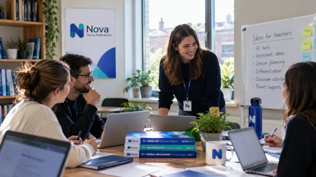 The Nova team planning resources together around a table with laptops and 11+ practice books